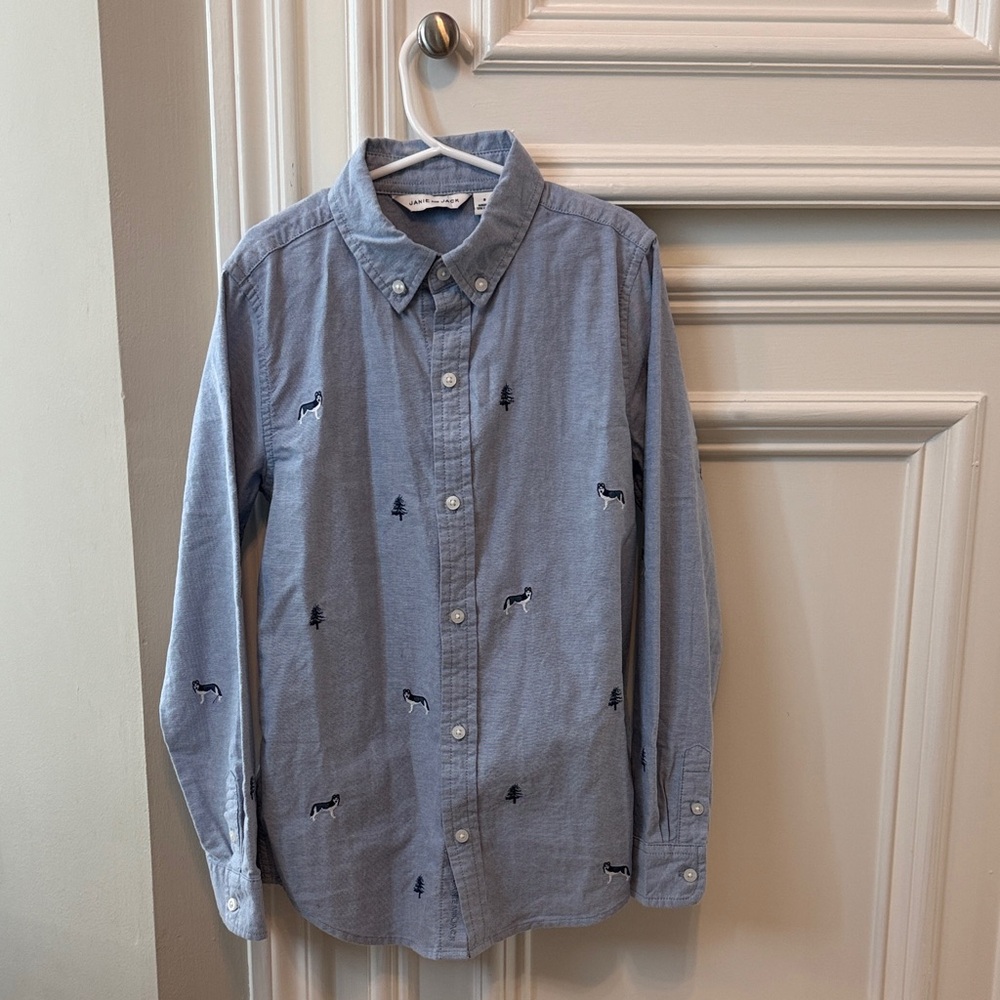 Janie and Jack Blue Button Down Shirt with Embroidered Wolves